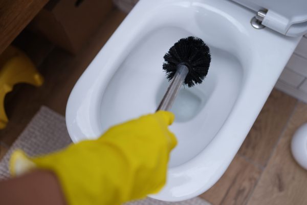 Gloved hand is cleaning toilet with brush. Home cleaning services concept